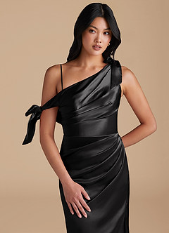 Azazie Xyla Bridesmaid Dresses Black Sheath Off the Shoulder Metallic Satin Convertible Dress image2