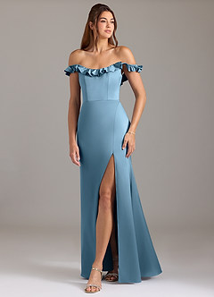 Azazie Callie Bridesmaid Dresses Steel Blue A-Line Ruched Stretch Satin Convertible Dress image5