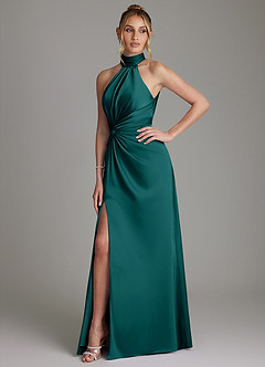 Azazie Gracelynn Abiti da Damigella Abito Tubino in Raso Elasticizzato Plissettato Verde Pavone image6