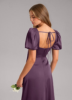 Azazie Fyona Bridesmaid Dresses Plum A-Line Pleated Stretch Satin Dress image13