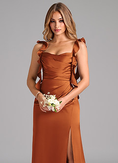 Azazie Jessamine Bridesmaid Dresses Cinnamon A-Line Corset Stretch Satin Dress image7