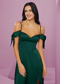 Barbie ♥ Azazie Jurken voor bruidsmeisjes Jurk van Stretch Satijn met A-Lijn Off the Shoulder Smaragd image5