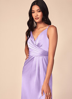 Azazie Aqua Bridesmaid Dresses Lilac A-Line V-Neck Pleated Stretch Satin Dress image6
