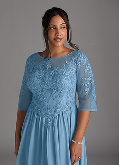Azazie Mirielle Kleider für die Brautmutter A-Linie Schaufel Spitze Chiffon Kleid Stahlblau image12