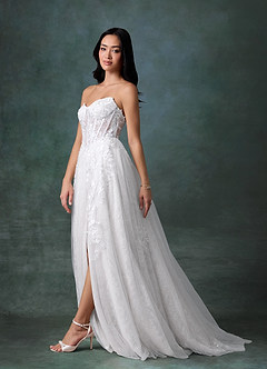 Azazie Ivonnah At-home Try On Dresses Diamond White A-Line Strapless Tulle Dress image3