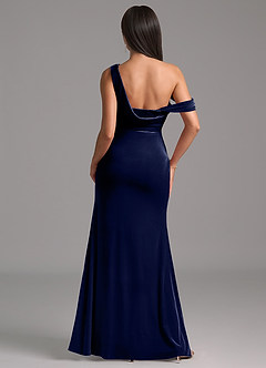 Azazie Madelyn Vestidos de damas de honor Vestido de Azul Marino Oscuro de terciopelo de Corte Recto con Hombro unilateral image6