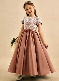 Azazie Cashew Flower Girl Dresses Bronzer Ball-Gown with Sleeves Matte Satin Dress image3