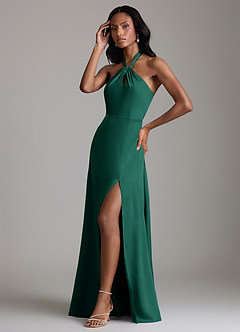 Azazie Tracie Bridesmaid Dresses Emerald A-Line Side Slit Stretch Satin Dress image4