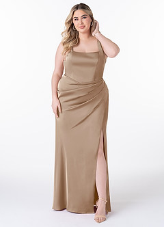 Azazie Mero Vestidos de damas de honor Vestido de Gris Pardo de Satén Elástico de Corte Recto con Plisado image6