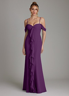 Azazie Karmela Bridesmaid Dresses Grape A-Line Off the Shoulder Chiffon Dress image1