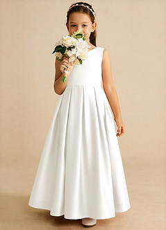 Azazie Cailee Flower Girl Dresses Ivory Ball-Gown Pleated Matte Satin Dress image3