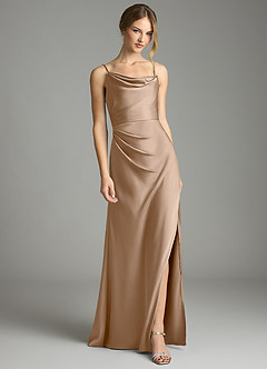 Azazie Eirene Venta Final Vestido de Gris Pardo de Satén Elástico de Corte Recto con Plisado image1