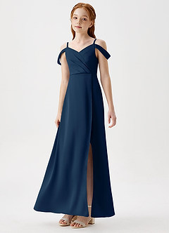 Azazie Ocean Junior Dark Navy A-Line Off the Shoulder Stretch Satin Dress image5