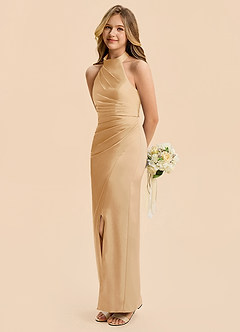Azazie Jemma Junior Vestido de Oro de Satén Elástico de Corte en A con Volante image5