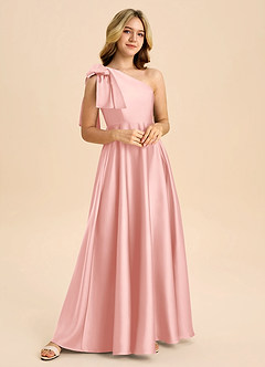 Azazie Penguin Junior Robe Trapèze en Satin extensible Arc Rose Poudré image4