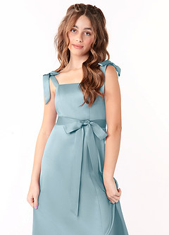 Azazie Barbara Junior Moody Blue A-Line Bow Stretch Satin Dress image5