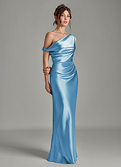 Azazie Emerson Bridesmaid Dresses Steel Blue Mermaid Off the Shoulder Metallic Satin Dress image5