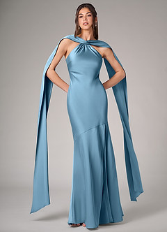 Azazie Kinsley Bridesmaid Dresses Steel Blue Mermaid Side Slit Stretch Satin Dress image1