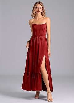 Azazie Leilana Bridesmaid Dresses Pomegranate A-Line Corset Stretch Satin Dress image3