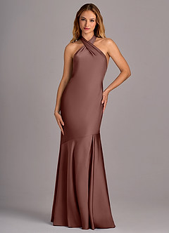 Azazie Lorena Bridesmaid Dresses Espresso Mermaid Pleated Stretch Satin Dress image4