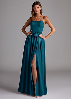 Azazie Calianna Robes de demoiselle d'honneur Robe Trapèze Convertible en Satin extensible Épaule décolletée Bleu Encre image1