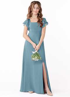 Azazie Bondi Junior Moody Blue A-Line Bow Chiffon Dress image1