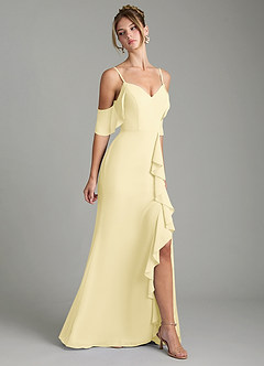 Azazie Alexys Bridesmaid Dresses Lemon Sorbet Sheath Off the Shoulder Chiffon Dress image6