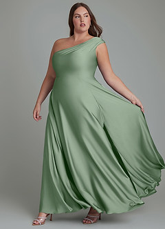 Azazie Melanie Bridesmaid Dresses Matcha A-Line Off the Shoulder Stretch Satin Dress image10