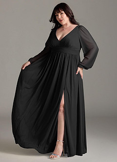 Azazie Norah Bridesmaid Dresses Black A-Line V-Neck Long Sleeve Chiffon Dress image10