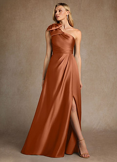 Azazie Easton Mère de la mariée Robes Robe Trapèze en Satin extensible Une épaule Cuivre image4