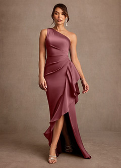 Azazie Yvette Mother of the Bride Dresses Desert Rose Sheath One Shoulder Stretch Satin Dress image3