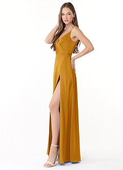 Azazie Dalilah Bridesmaid Dresses Butterscotch A-Line V-Neck Pleated Stretch Satin Dress image3