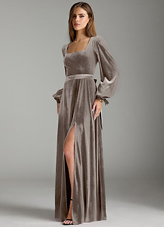 Azazie Leonia Bridesmaid Dresses Silver Taupe A-Line Long Sleeve Velvet Dress image5