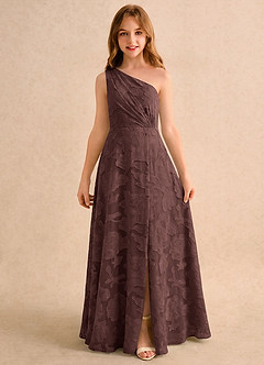 Azazie Pudles Girls Formal Robe Demoiselle D'honneur Fillette Robe Trapèze en Blumen-Burnout Asymétrique Expresso image4