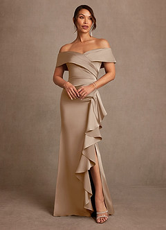Azazie Kirsty Mère de la mariée Robes Robe Fourreau en Satin extensible Épaule décolletée Taupe image1