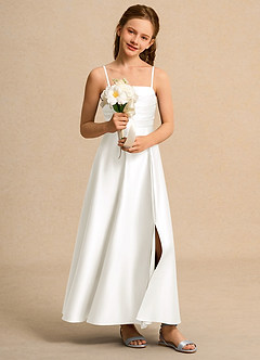 Azazie Pebbles Girl Jurken voor bloemenmeisjes A-Lijn Jurk van Mat Satijn Geplooid Ivoor image7