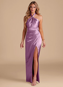 Azazie Zaya Bridesmaid Dresses Wisteria Sheath Pleated Metallic Satin Dress image3
