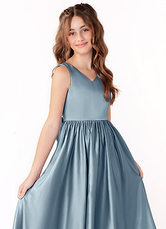 Azazie Hathaway Junior Dusty Blue A-Line Bow Stretch Satin Dress image5