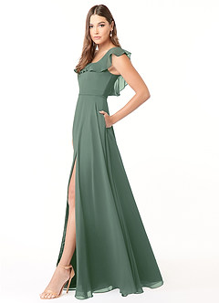 Azazie Jinny Brautjungfernkleider A-Linie Quadratischer Ausschnitt Gerüscht Chiffon Kleid Eukalyptus image3