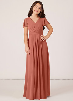 Azazie Peony Junior Clay A-Line Pleated Chiffon Dress image1