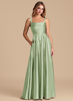 Azazie Shaude 신부 들러리 드레스 A라인 주름진 메탈릭 새틴 바닥 길이 드레스 image1