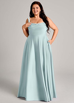 Azazie Shaude Vestidos de damas de honor Vestido de Neblina de Satén Elástico de Corte en A con Plisado image11