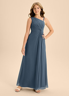 Azazie Brooke Junior Abito A-Line in Chiffon Spacco Laterale Blu Nettuno image4