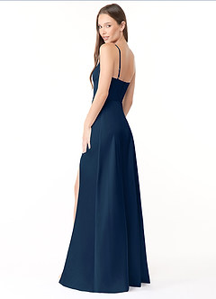 Azazie Halsey Bridesmaid Dresses Dark Navy Sheath Side Slit Stretch Satin Dress image5