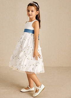 Azazie Pollie Blumenmädchenkleider A-Linie Schleifen Tüll Kleid Elfenbein Stahlblau image5