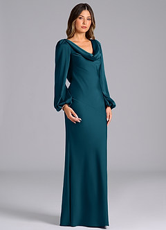 Azazie Melani Bridesmaid Dresses Ink Blue Mermaid Long Sleeve Stretch Satin Dress image3