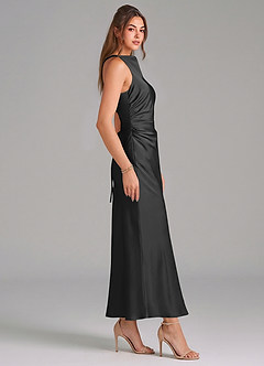 Azazie Evadne Vestidos de damas de honor Vestido de Negro de Satén Elástico de Corte Recto con Plisado image4