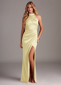 Azazie Jemma Bridesmaid Dresses Lemon Sorbet Sheath Pleated Stretch Satin Dress image4