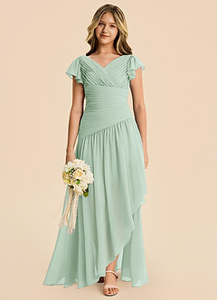 Azazie Pia Junior Abito A-Line in Chiffon Plissettato Agave image6