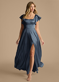 Azazie Bondi Bridesmaid Dresses Dark Navy A-Line Bow Metallic Satin Dress image6